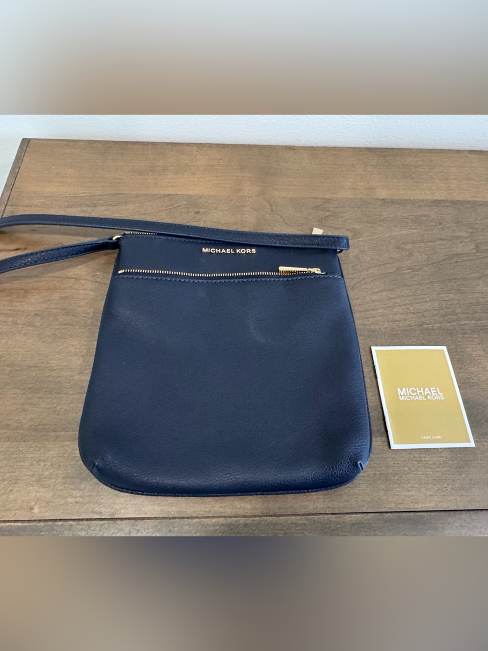 Michael Kors Navy Leather Crossbody with Gold Tone Zip